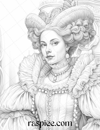 40 Baroque Women Portrait Grayscale Adult Coloring Pages Printable, PDF File Instant Download