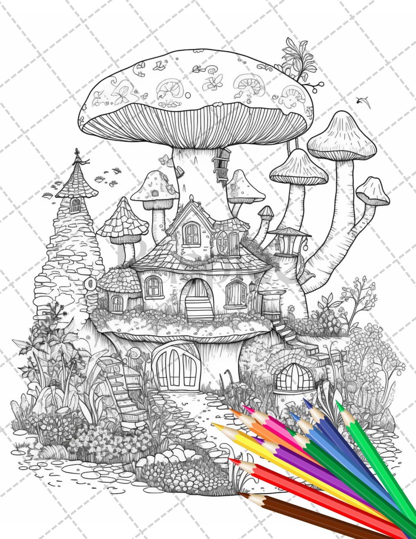 32 Whimsical Mushroom House Coloring Pages for Adults, Grayscale Coloring Book, Printable PDF File Download