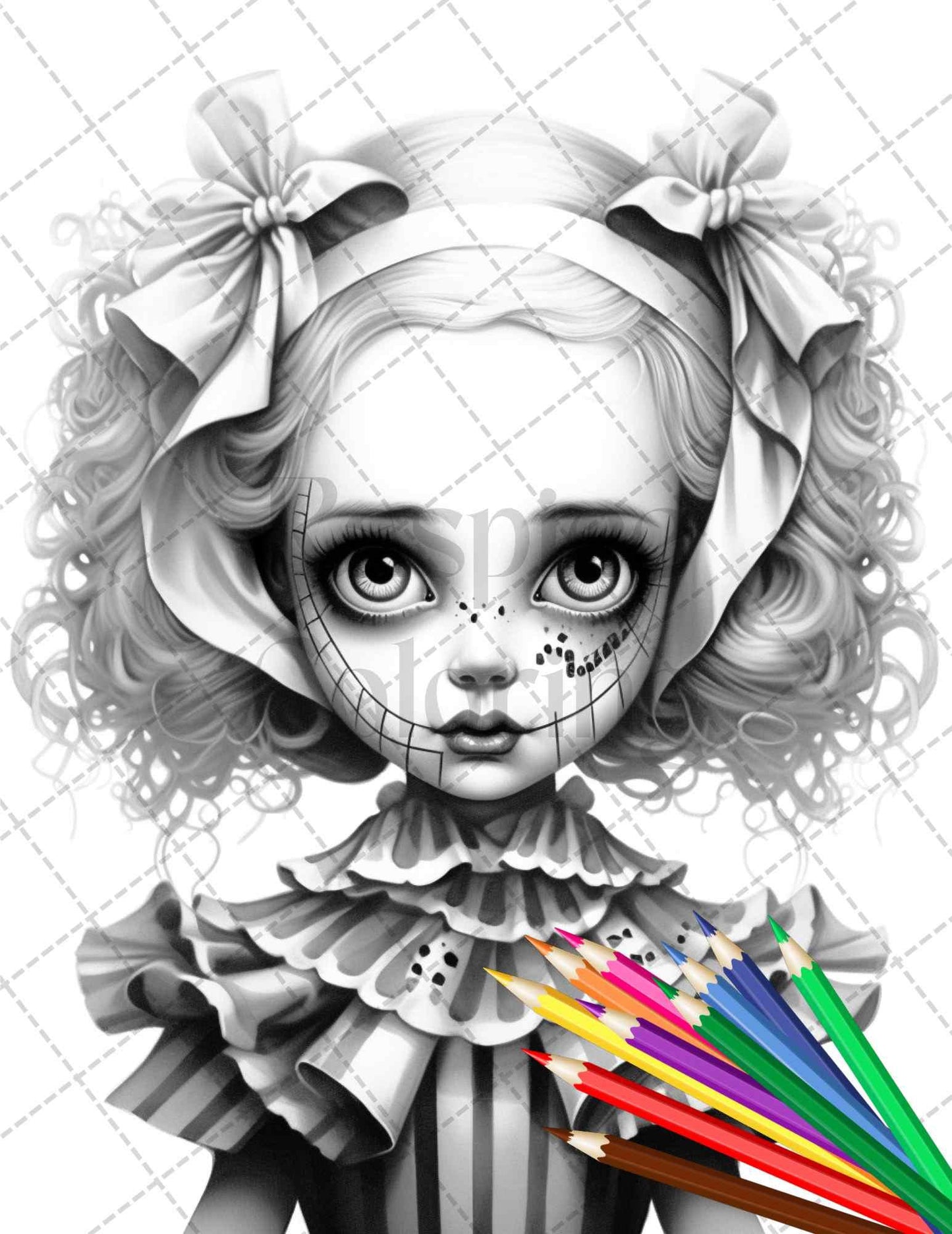 40 Creepy Porcelain Dolls Grayscale Coloring Pages for Adults, PDF File Instant Download