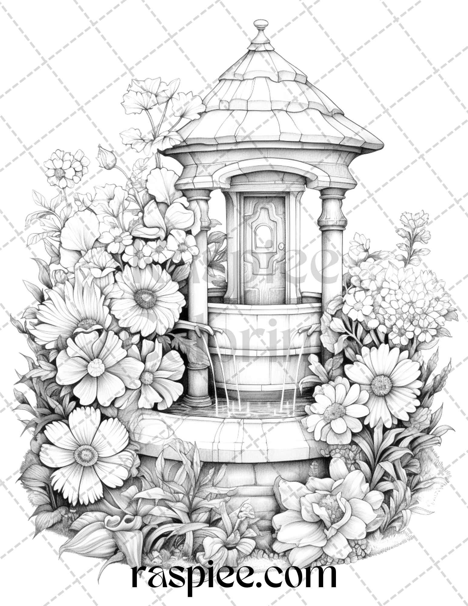 40 Whimsical Wishing Wells Grayscale Coloring Pages Printable for Adults, PDF File Instant Download