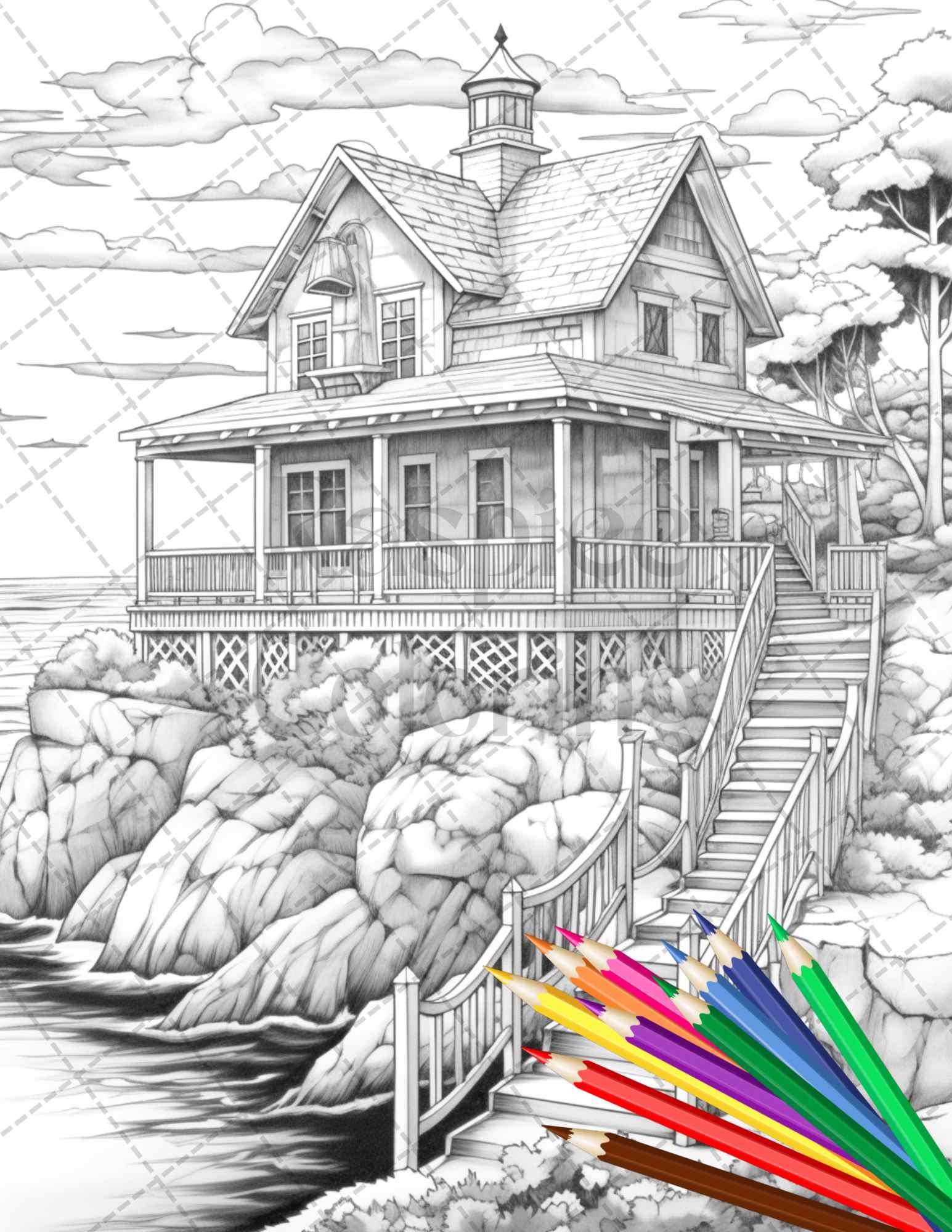 42 Wooden Beach Houses Grayscale Coloring Pages Printable for Adults, PDF File Instant Download