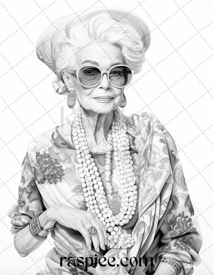 40 Fashionista Grandma Grayscale Coloring Pages Printable for Adults, PDF File Instant Download