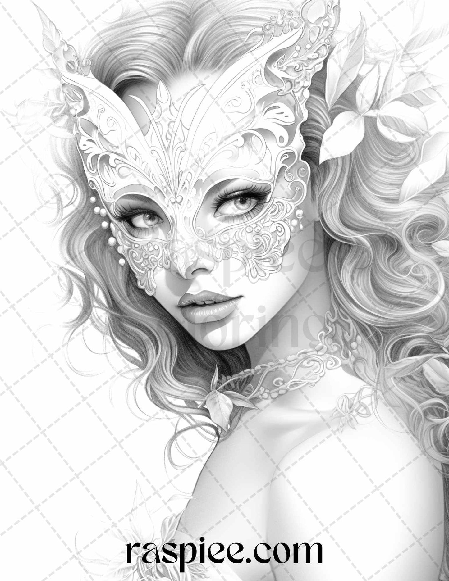 40 Masquerade Girls Grayscale Coloring Pages Printable for Adults, PDF File Instant Download