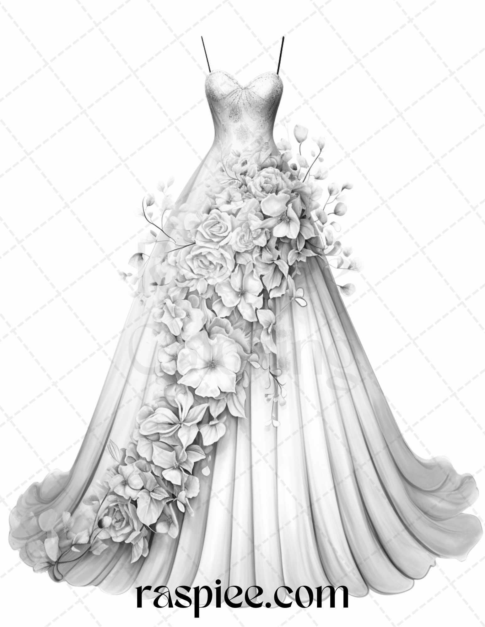 40 Elegant Floral Wedding Dresses Grayscale Coloring Pages Printable for Adults, PDF File Instant Download