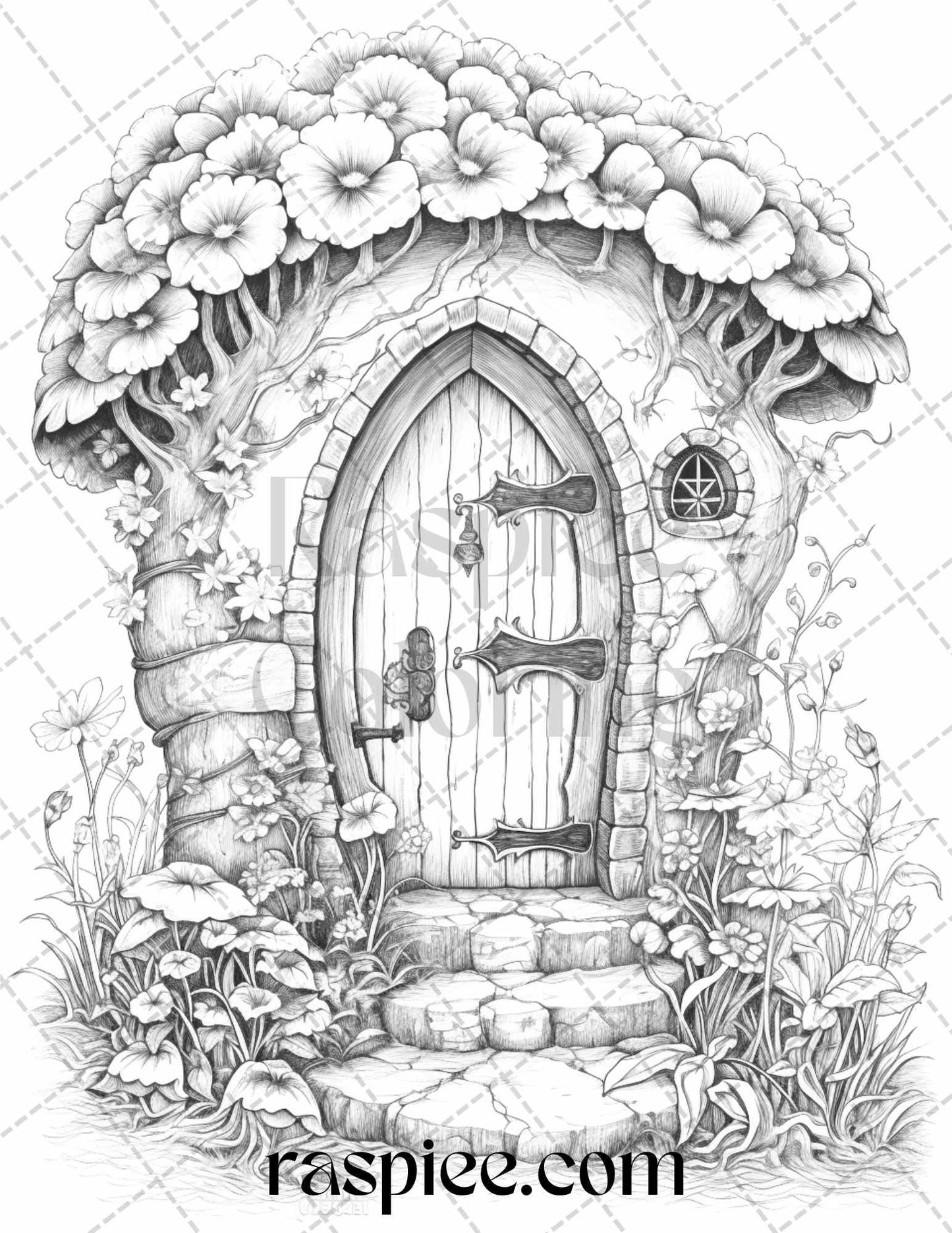 40 Flower Fairy Doors Grayscale Coloring Pages Printable for Adults, PDF File Instant Download