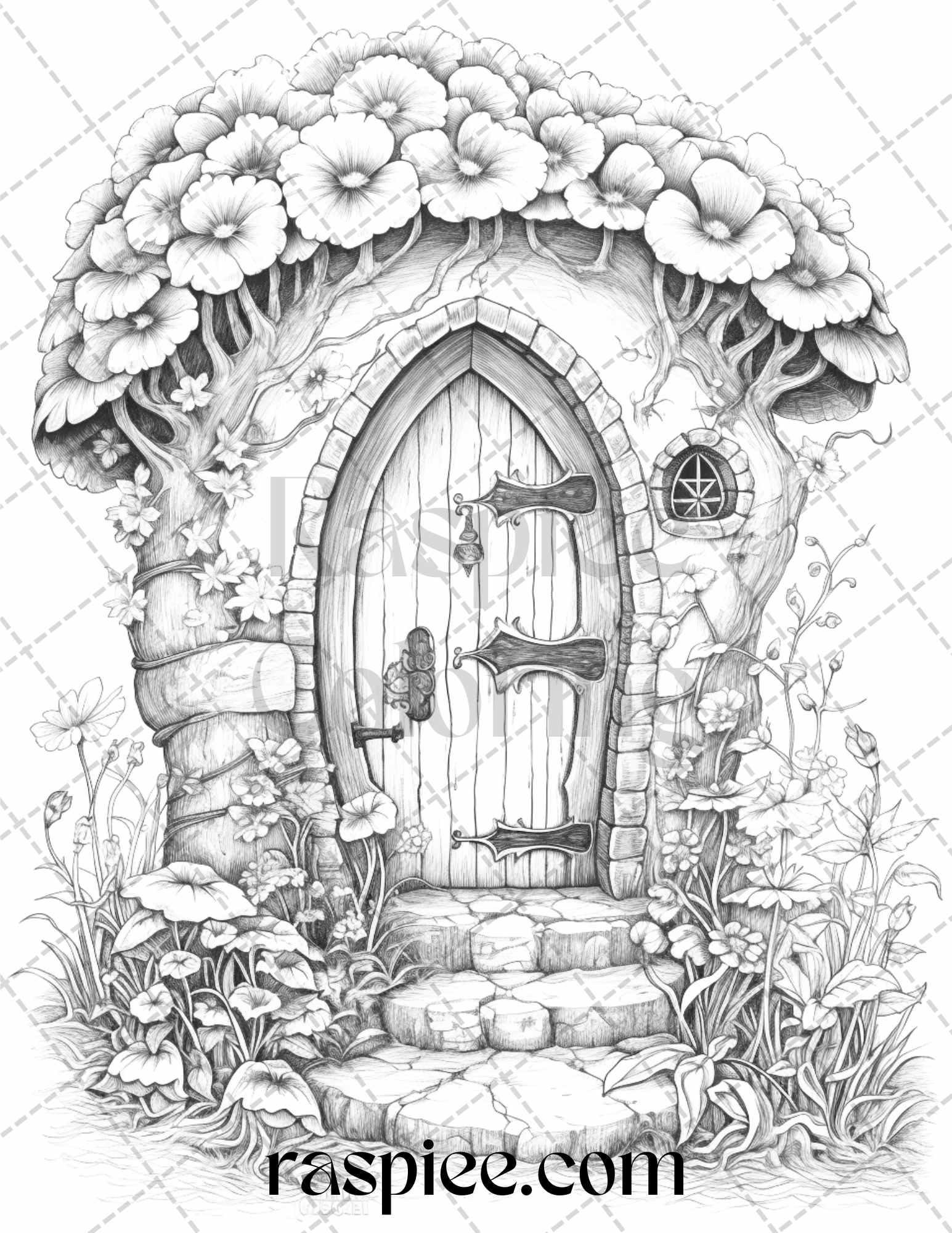 40 Flower Fairy Doors Grayscale Coloring Pages Printable for Adults, PDF File Instant Download