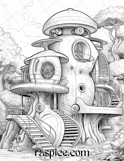 43 Futuristic Houses Grayscale Coloring Pages Printable for Adults, PDF File Instant Download