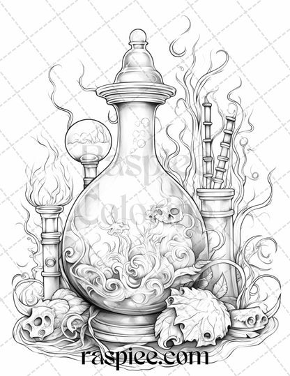 40 Mystical Magic Potions Grayscale Coloring Pages Printable for Adults, PDF File Instant Download