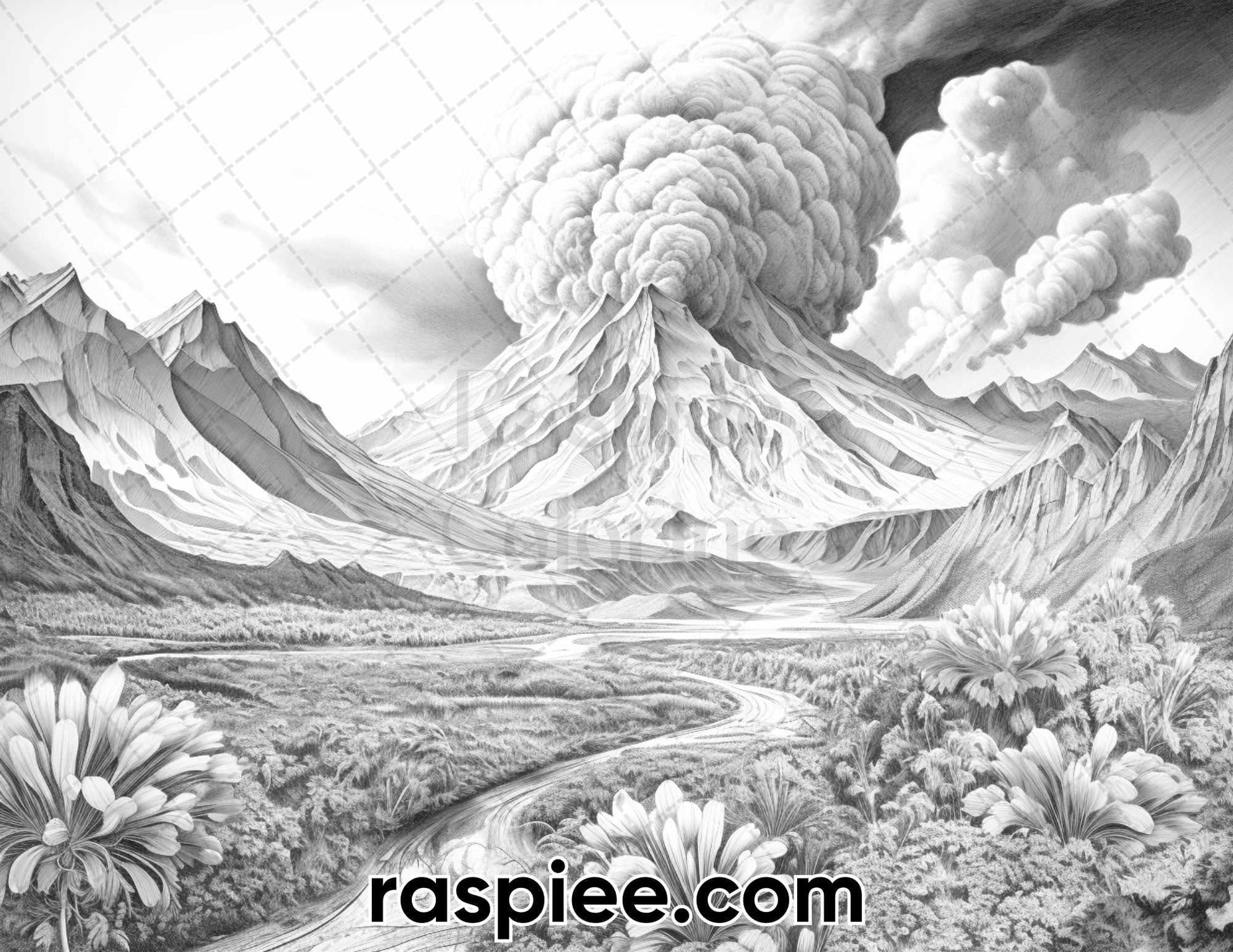 44 Volcanic Landscapes Grayscale Adult Coloring Pages, Printable PDF Instant Download