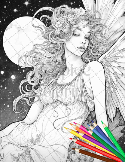 34 Beautiful Moon Fairies Grayscale Coloring Pages Printable for Adults, PDF File Instant Download