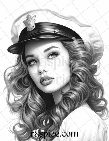 40 Sailor Pin Up Girls Grayscale Coloring Pages Printable for Adults, PDF File Instant Download