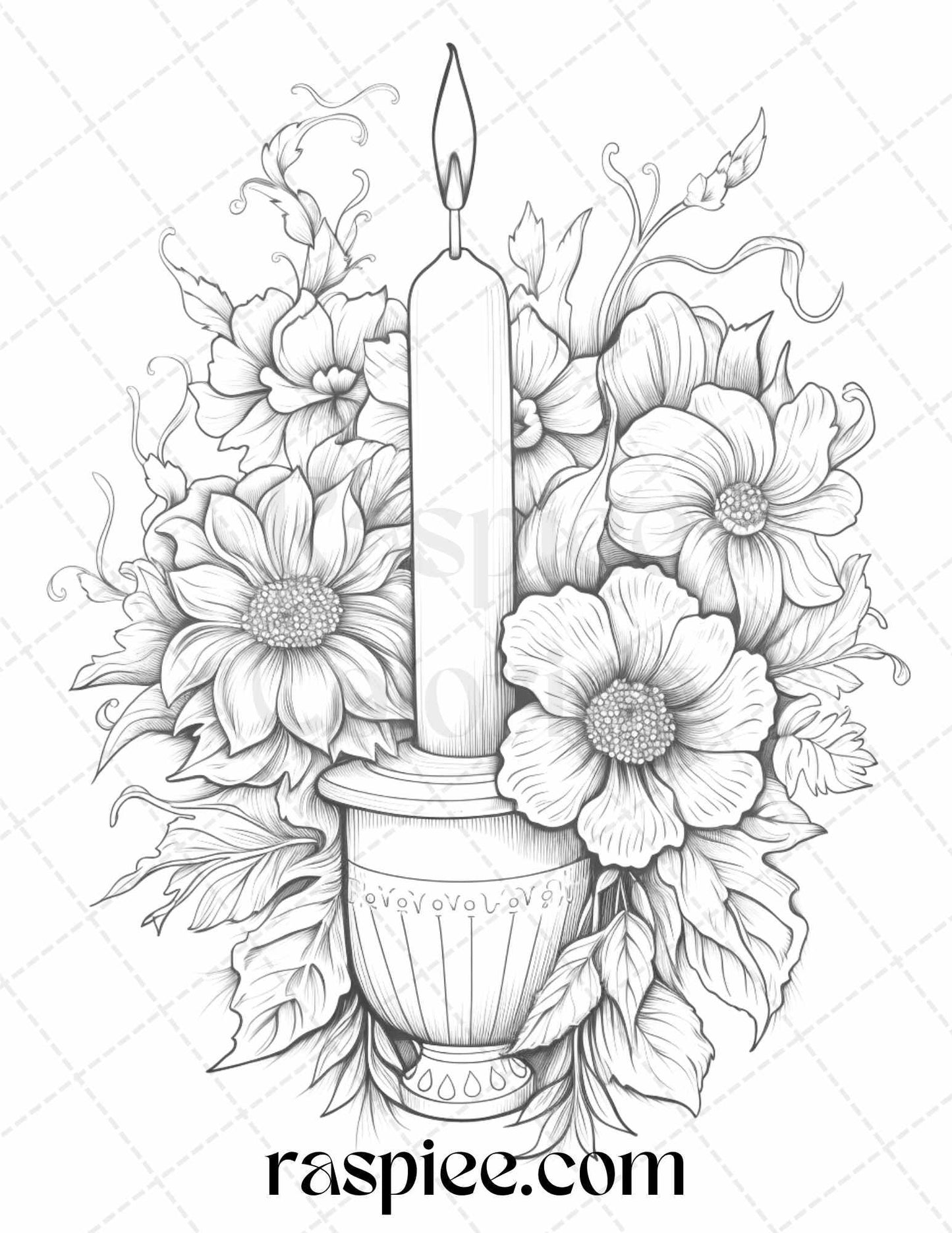 40 Flower Candles Grayscale Coloring Pages Printable for Adults, PDF File Instant Download