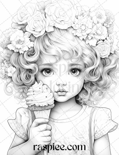 42 Adorable Girls with Ice Cream Grayscale Coloring Pages Printable for Adults Kids, PDF File Instant Download