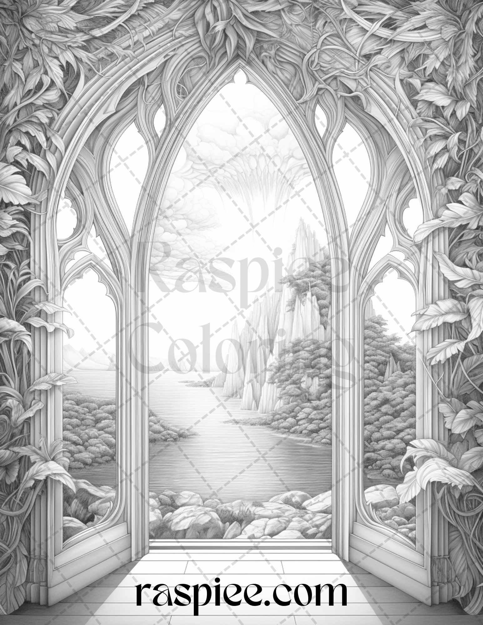 40 Window to Fantasy Worlds Grayscale Coloring Pages Printable for Adults, PDF File Instant Download