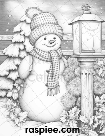 40 Chistmas Snowman Grayscale Coloring Pages for Adults, Printable PDF Instant Download