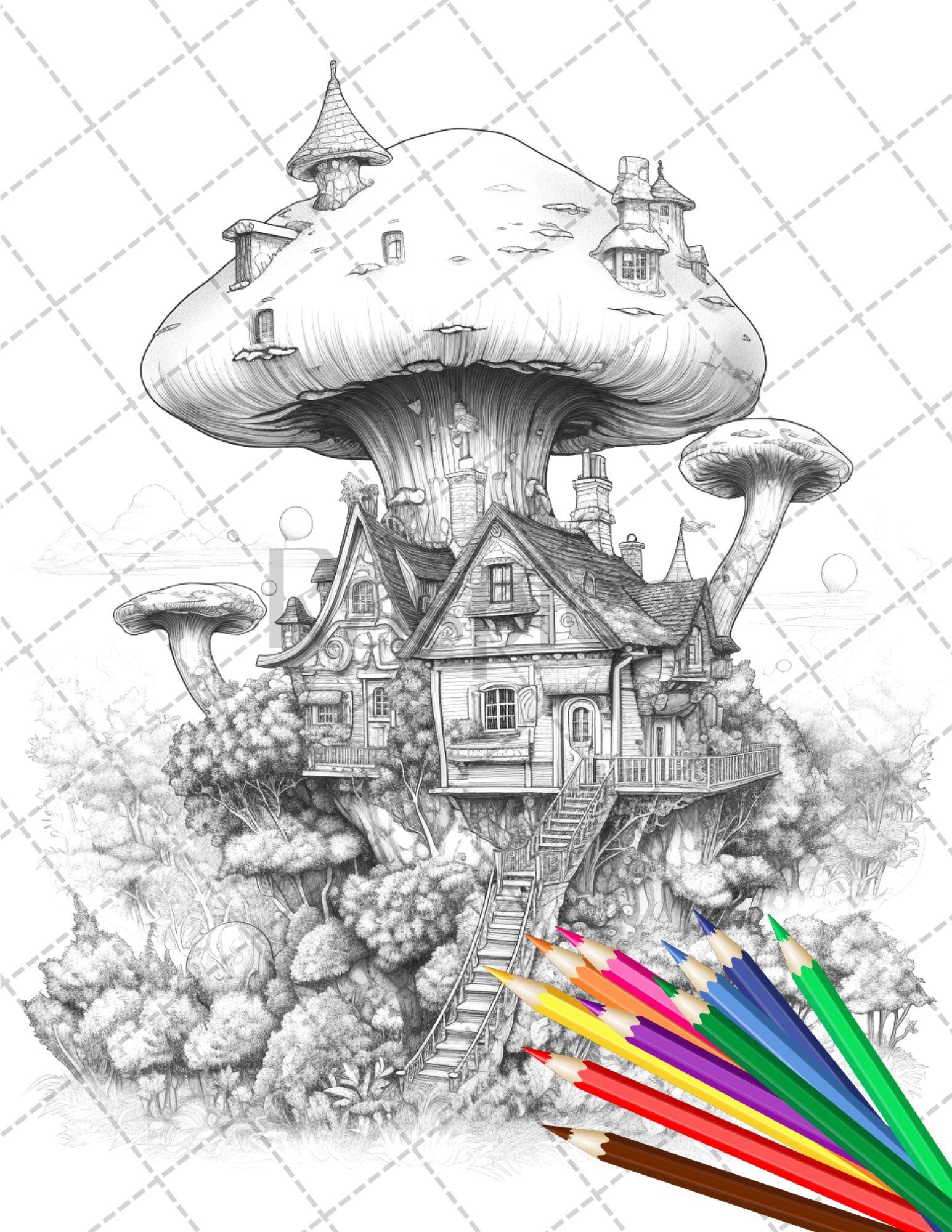 30 Fantasy Fairy Houses Coloring Page Book, Printable Adult Coloring Pages, Enchanted Fairy Home Grayscale Coloring Book, Printable PDF File