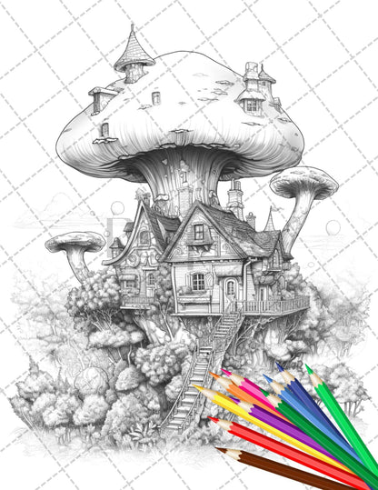 30 Fantasy Fairy Houses Coloring Page Book, Printable Adult Coloring Pages, Enchanted Fairy Home Grayscale Coloring Book, Printable PDF File