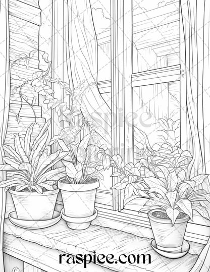 40 Window Plants Grayscale Coloring Pages Printable for Adults, PDF File Instant Download