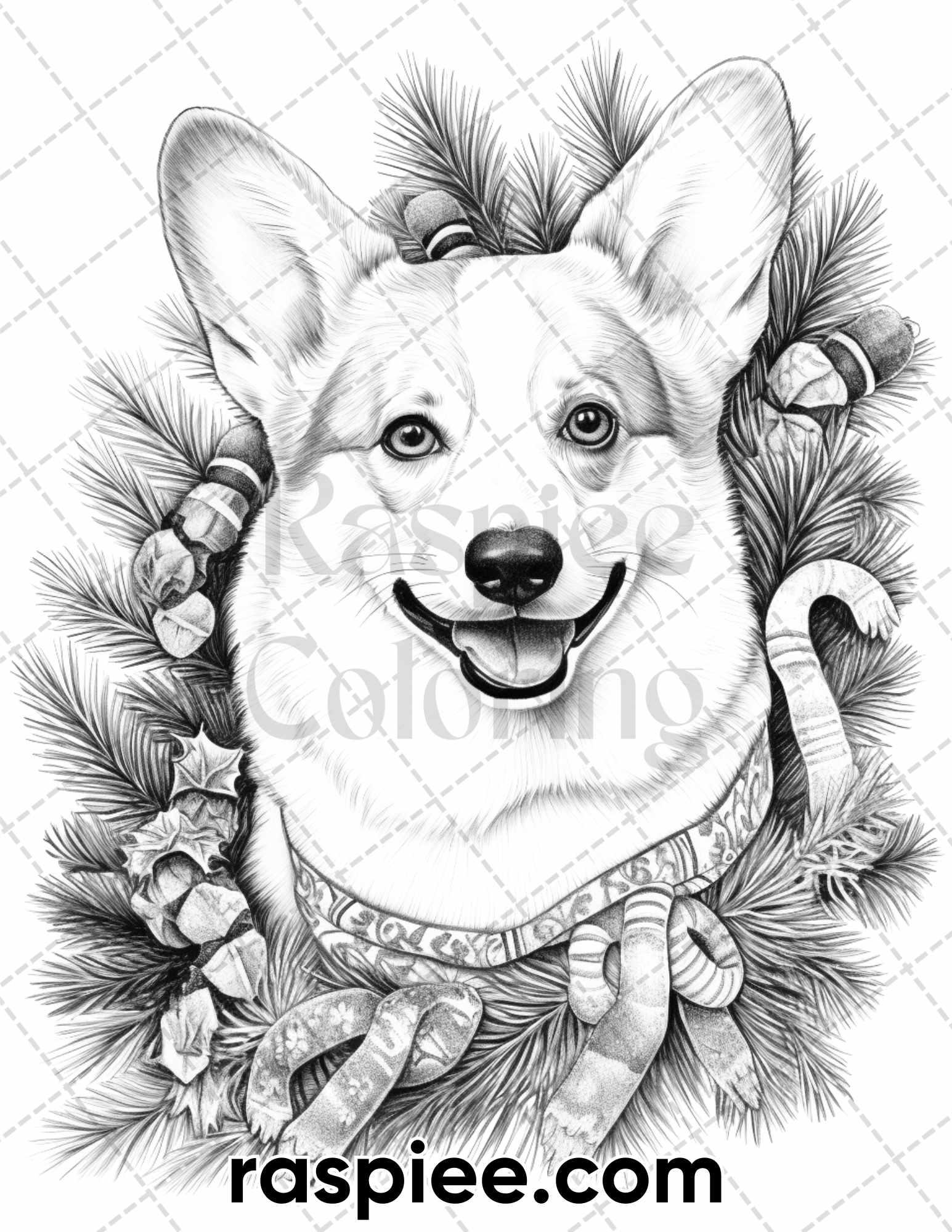 45 Christmas Dogs Grayscale Coloring Pages for Adults, Printable PDF Instant Download