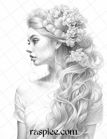 43 Beautiful Hairstyles Grayscale Coloring Pages Printable for Adults, PDF File Instant Download