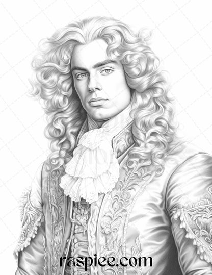 50 Baroque Man Portrait Grayscale Graysale Coloring Pages Printable for Adults, PDF File Instant Download