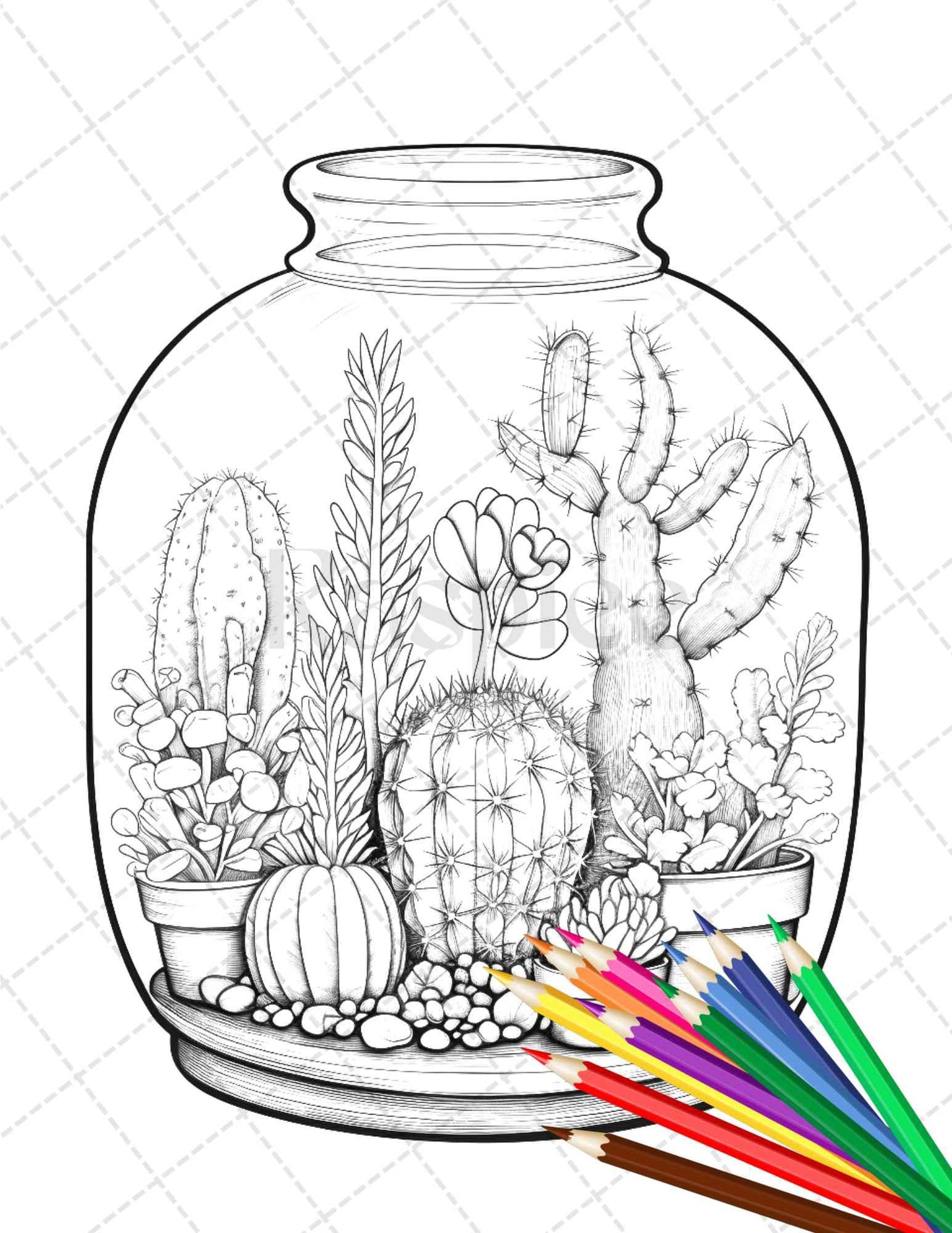 34 Enchanted Terrarium Grayscale Coloring Pages Printable for Adults, PDF File Instant Download