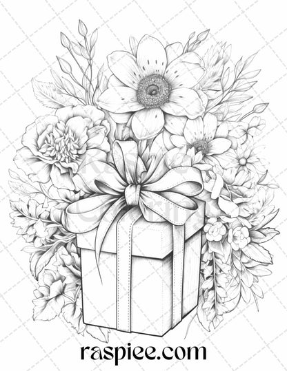 40 Flower Gift Box Grayscale Coloring Pages Printable for Adults Kids, PDF File Instant Download