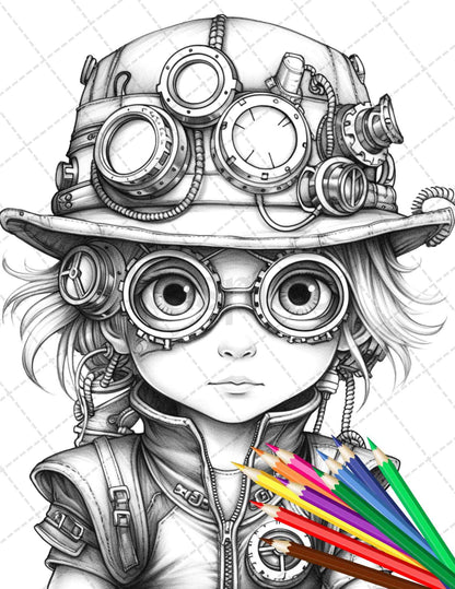 31 Adorable Steampunk Girls Coloring Pages Printable for Adults, Grayscale Coloring Page, PDF File Instant Download