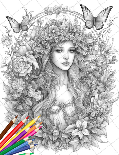 30 Beautiful Fairies Coloring Page Book for Adults, Flower Fairy Grayscale Coloring Book, Fairy Coloring Sheets, Printable PDF File Download