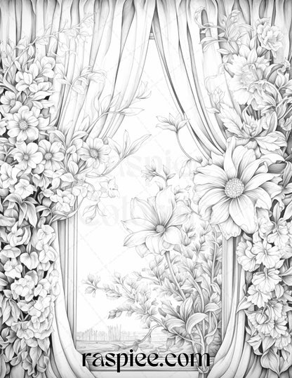 50 Blooming Windows Grayscale Coloring Pages Printable for Adults, PDF File Instant Download