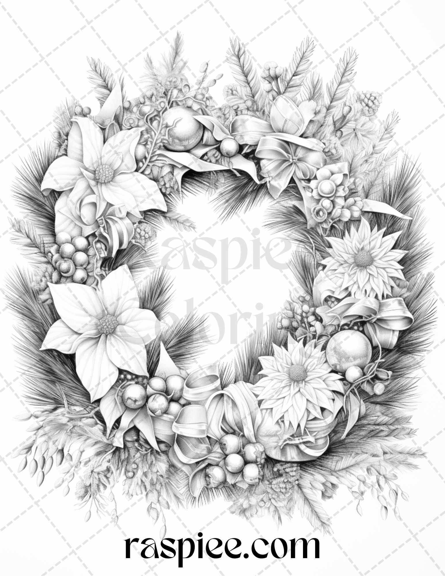 40 Christmas Wreath Grayscale Coloring Pages Printable for Adults, PDF File Instant Download