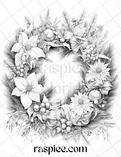 40 Christmas Wreath Grayscale Coloring Pages Printable for Adults, PDF File Instant Download