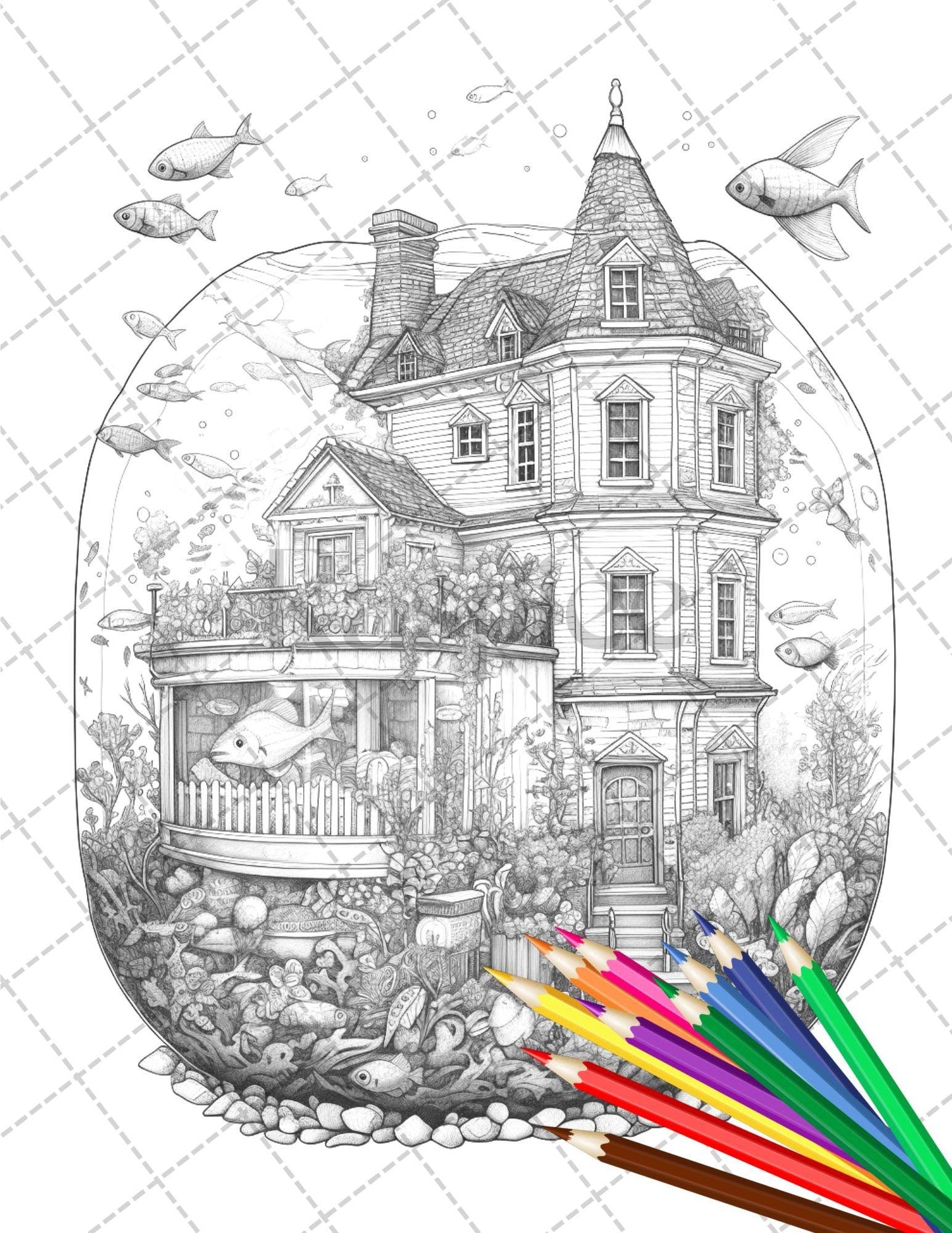 34 Fishtank Houses Coloring Book for Adults, Grayscale Coloring Page, Printable PDF Instant Download