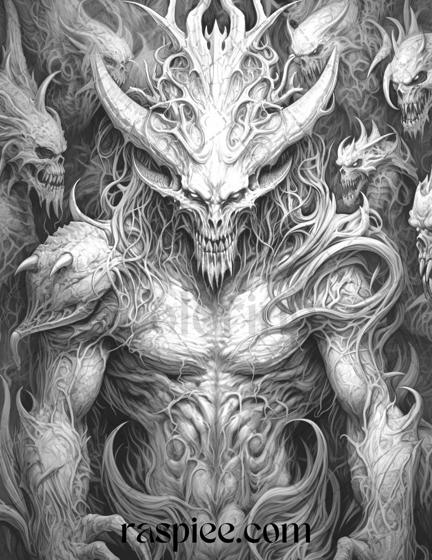 43 Fantasy Demons Grayscale Coloring Pages for Adults, Printable PDF File Instant Download