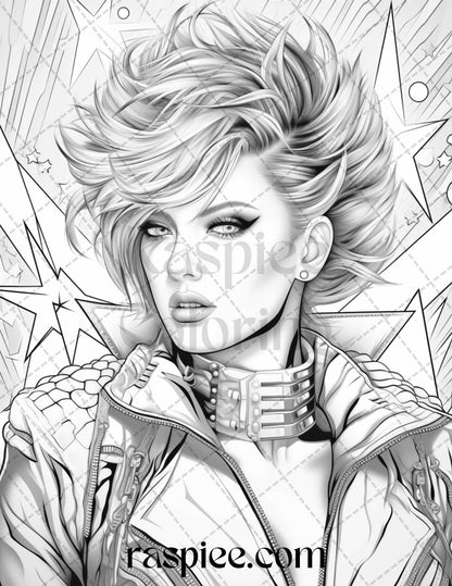 1980s New Wave Pop Star Grayscale Coloring Pages Printable for Adults, PDF File Instant Download