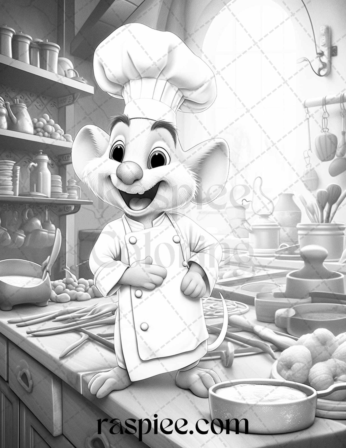 45 Mouse Chef Grayscale Coloring Pages Printable for Adults, PDF File Instant Download