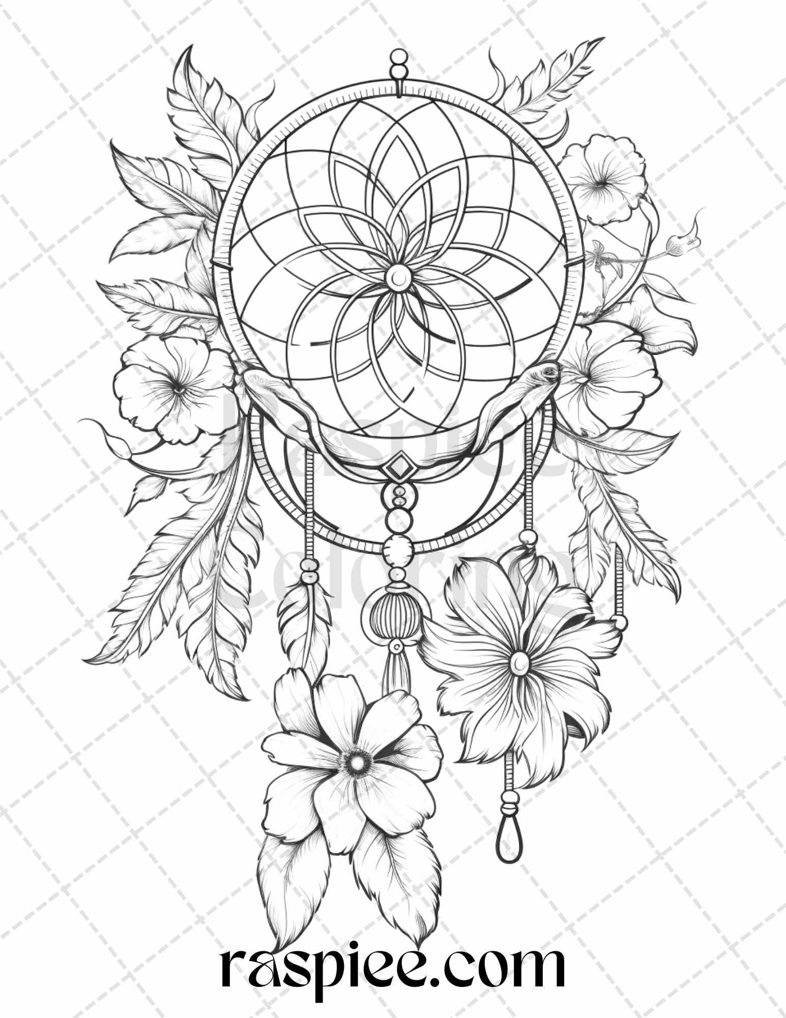 30 Flower Dreamcatcher Grayscale Coloring Pages Printable for Adults, PDF File Instant Download