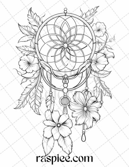 30 Flower Dreamcatcher Grayscale Coloring Pages Printable for Adults, PDF File Instant Download