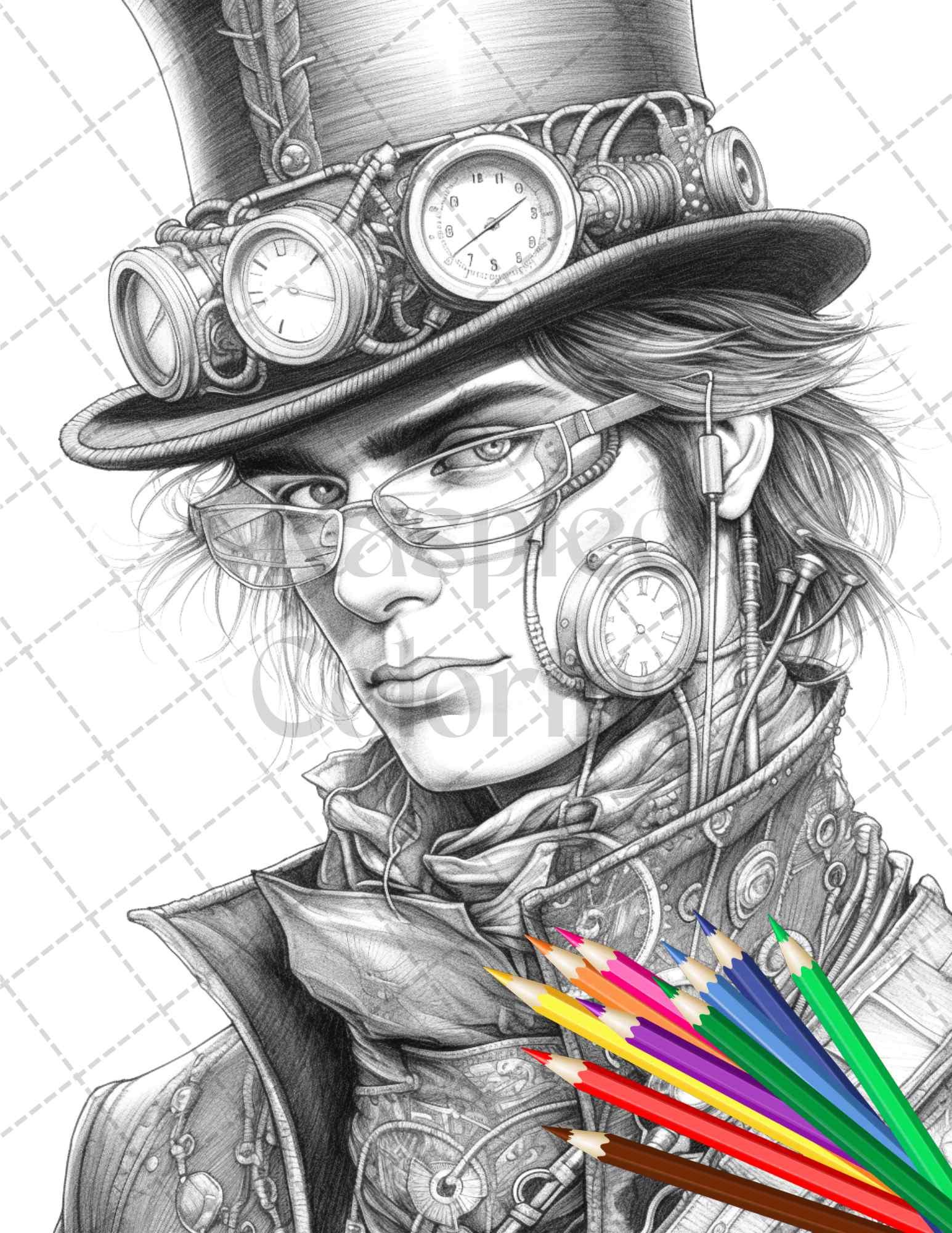 42 Steampunk Mens Grayscale Coloring Pages Printable for Adults, PDF File Instant Download