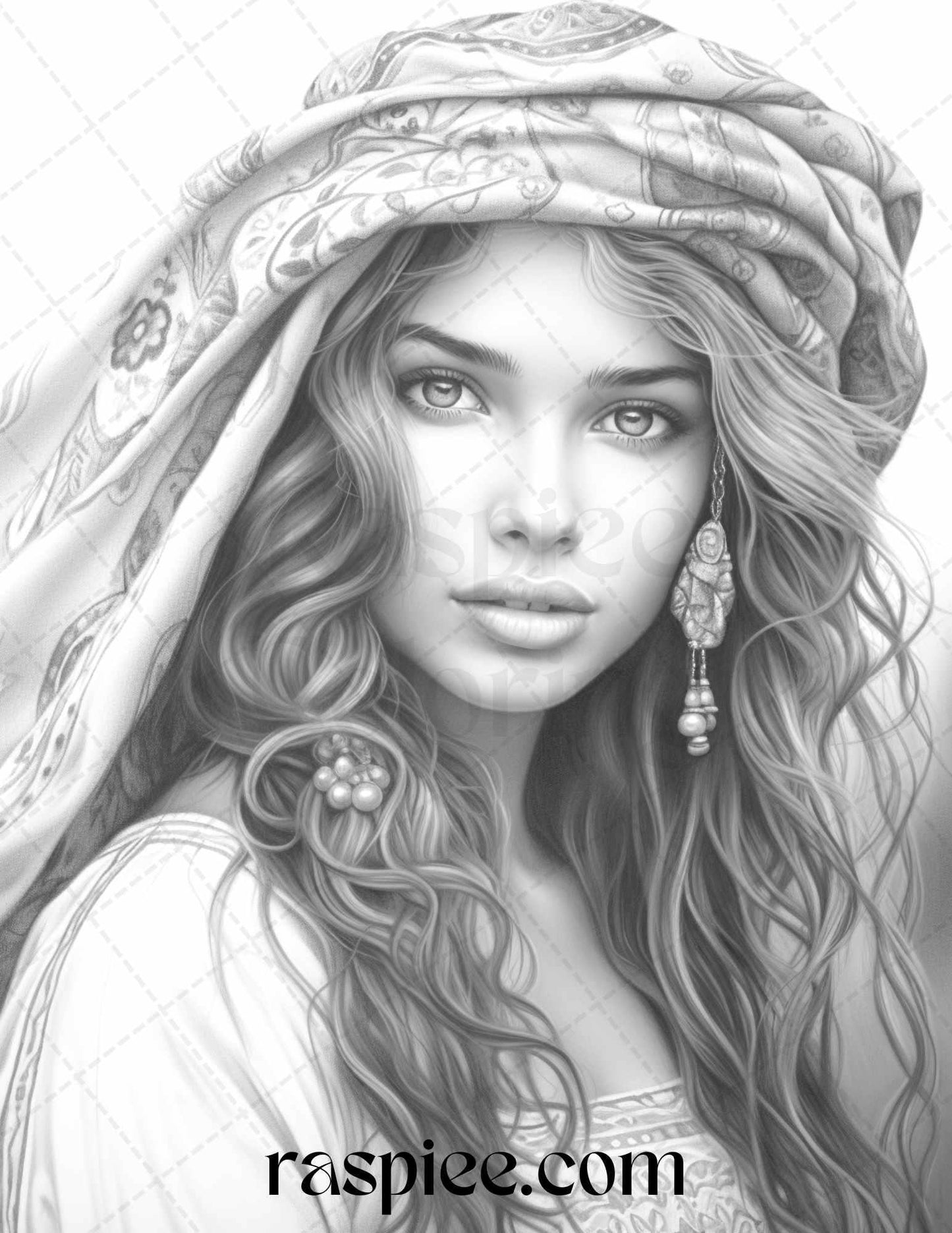 40 Beautiful Gypsy Girls Grayscale Coloring Pages Printable for Adults, PDF File Instant Download