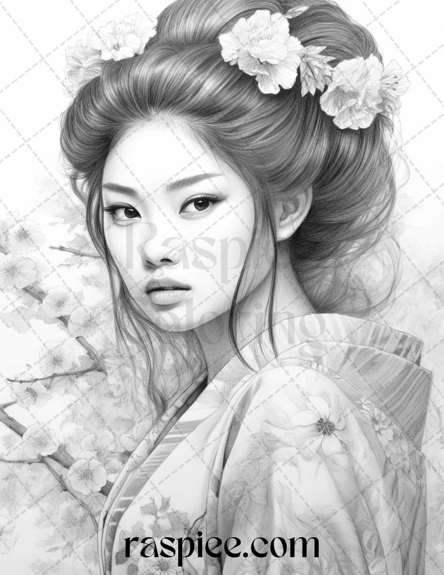 40 Beautiful Japanese Girls Grayscale Coloring Pages Printable for Adults, PDF File Instant Download