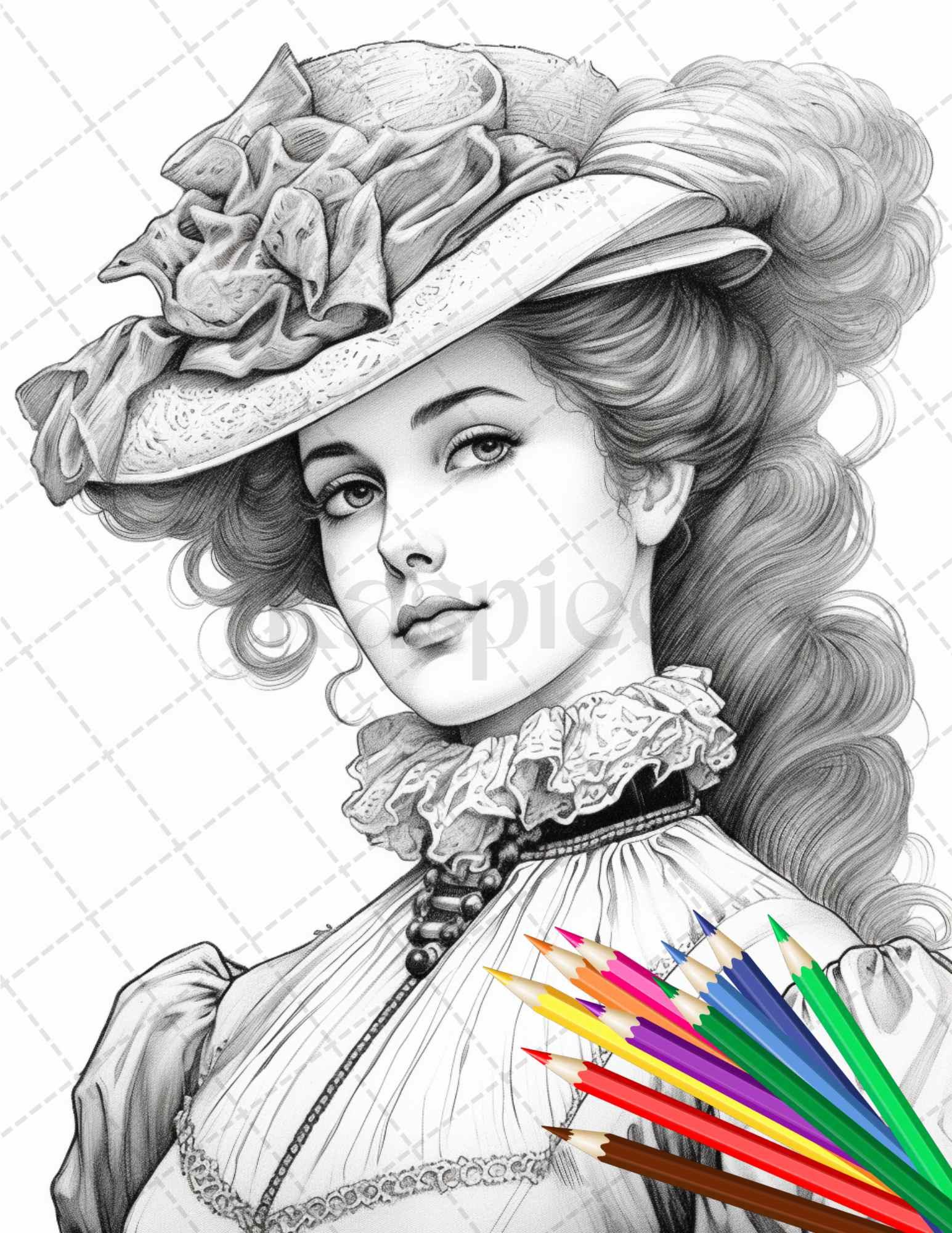 43 Beautiful Victorian Women Grayscale Coloring Pages Printable for Adults, PDF File Instant Download