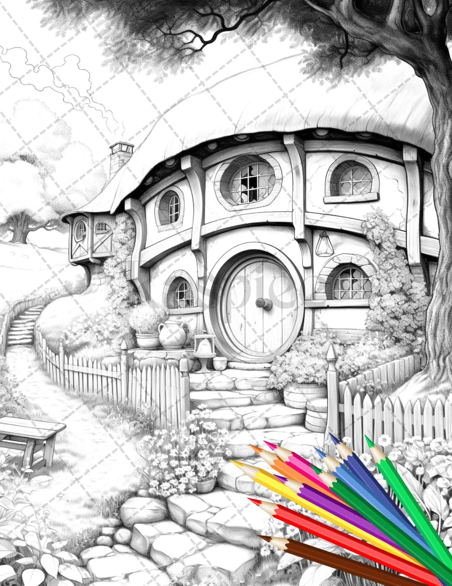 43 Enchanted Hobbiton Houses Grayscale Coloring Pages Printable for Adults, PDF File Instant Download