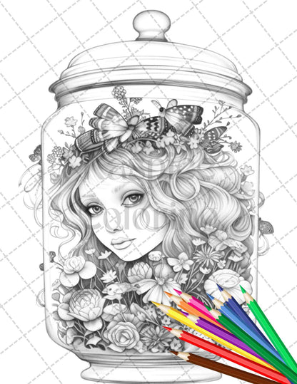 40 Beautiful Fairies in Jar Grayscale Coloring Pages Printable for Adults, PDF File Instant Download