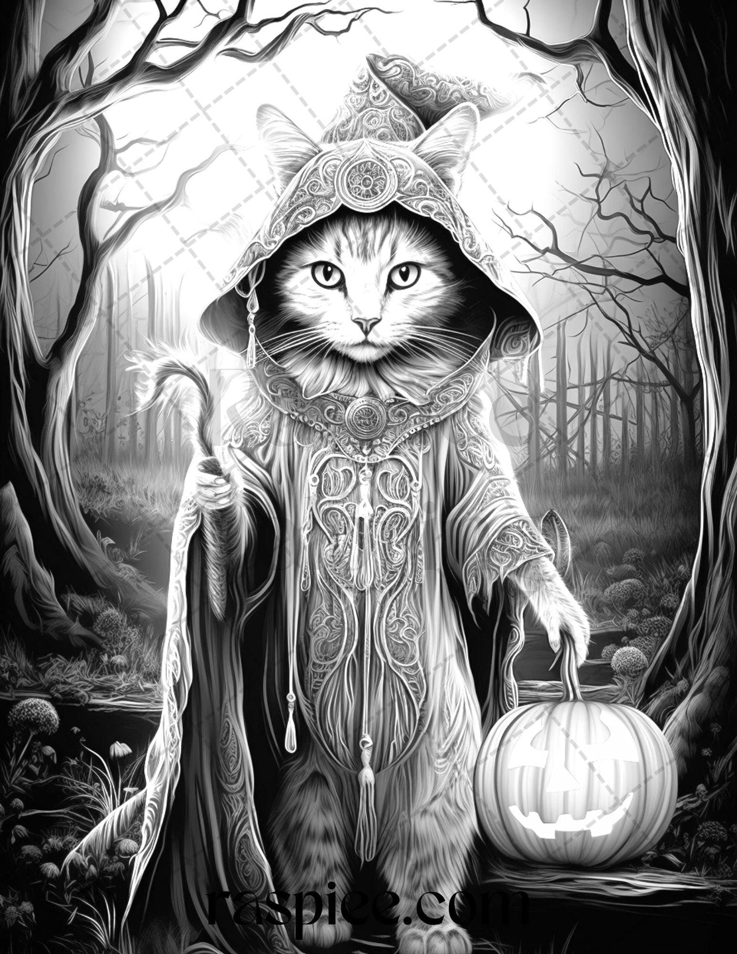 40 Halloween Witch Cat Grayscale Coloring Pages Printable for Adults, PDF File Instant Download