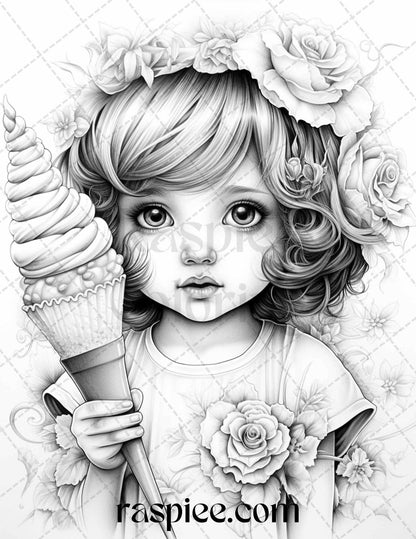 42 Adorable Girls with Ice Cream Grayscale Coloring Pages Printable for Adults Kids, PDF File Instant Download