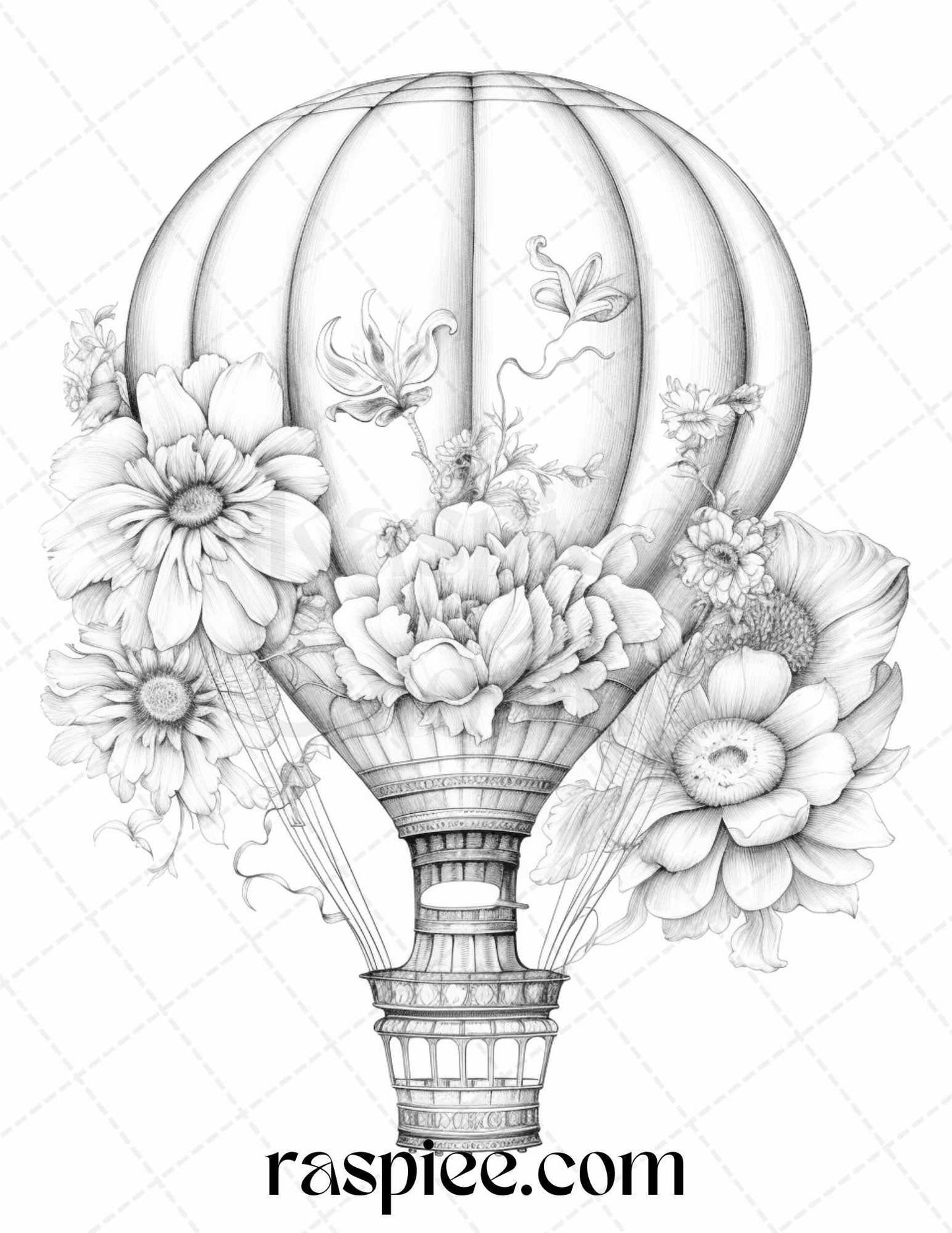 42 Flower Hot Air Balloons Grayscale Coloring Pages Printable for Adults, PDF File Instant Download