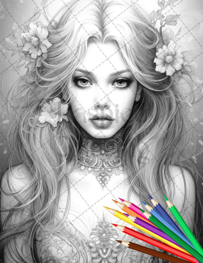 40 Beautiful Gothic Girls Grayscale Coloring Pages Printable for Adults, PDF File Instant Download