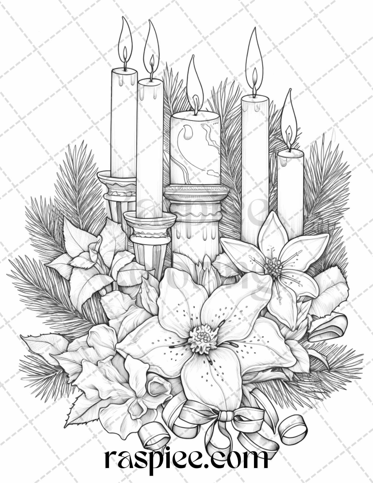 45 Christmas Flowers Grayscale Coloring Pages Printable for Adults, PDF File Instant Download