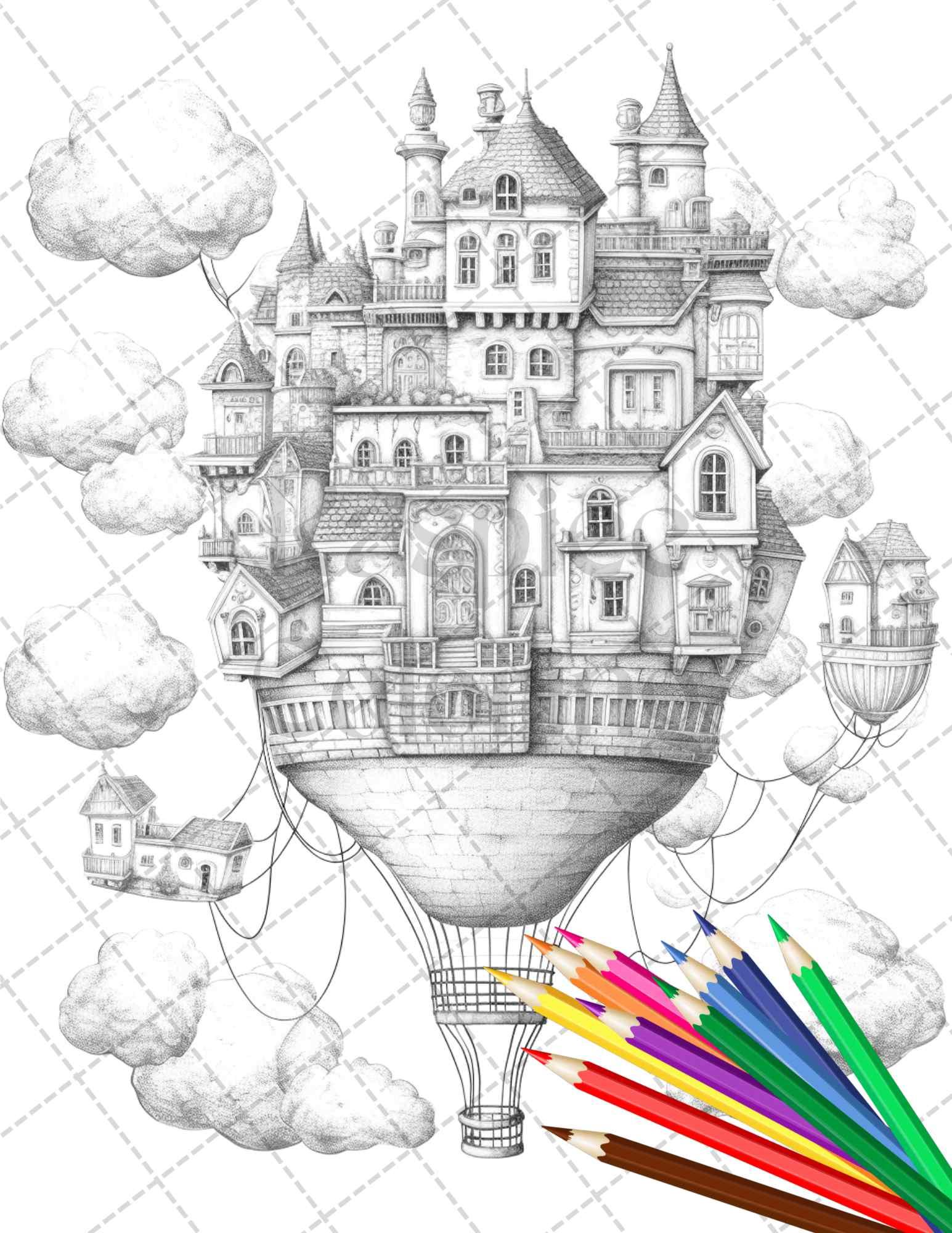 40 Fantasy Sky Houses Grayscale Coloring Pages Printable for Adults, PDF File Instant Download